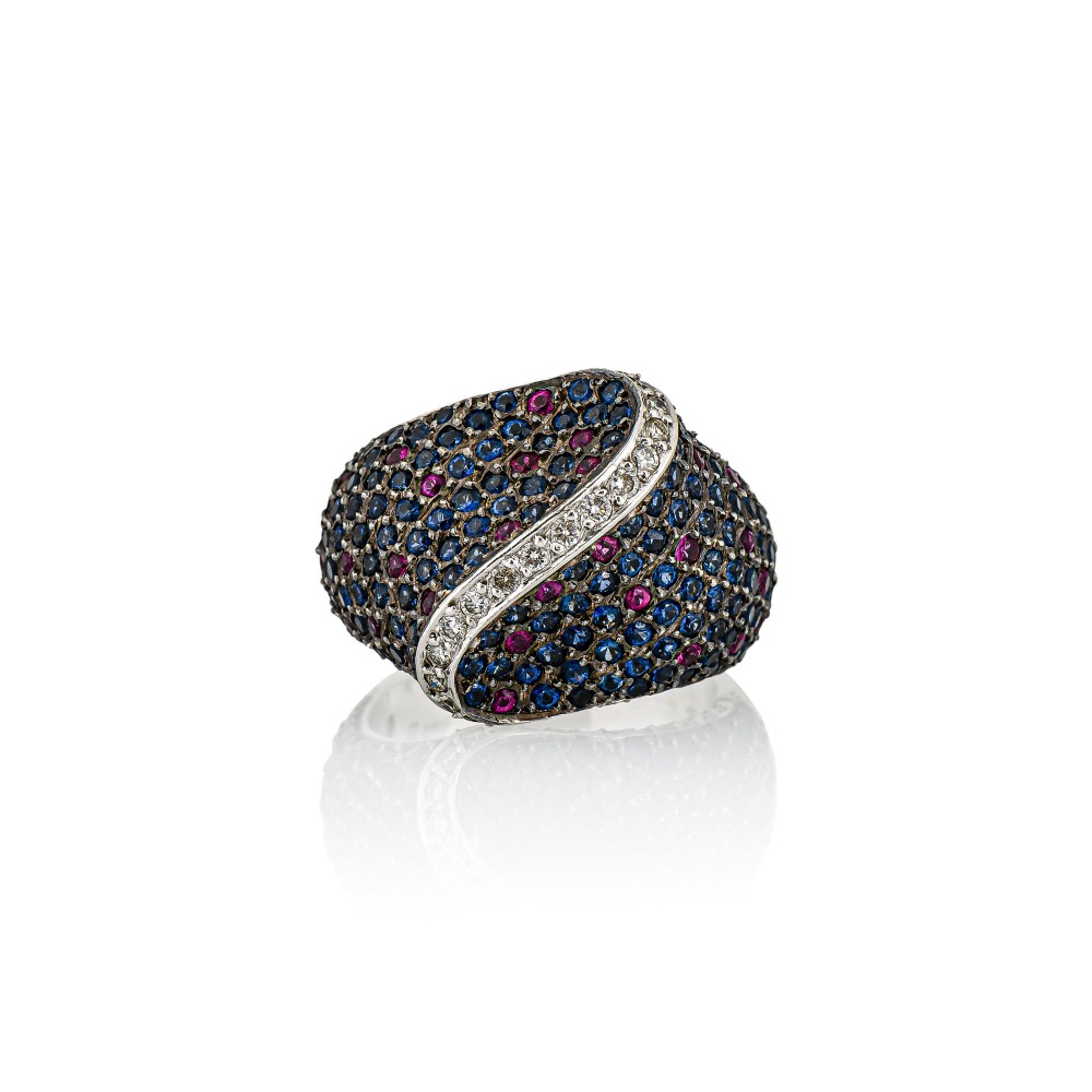AEGEAN WAVE - BRILLIANT CUT DIAMONDS, BLUE SAPPHIRES AND RUBIES RING