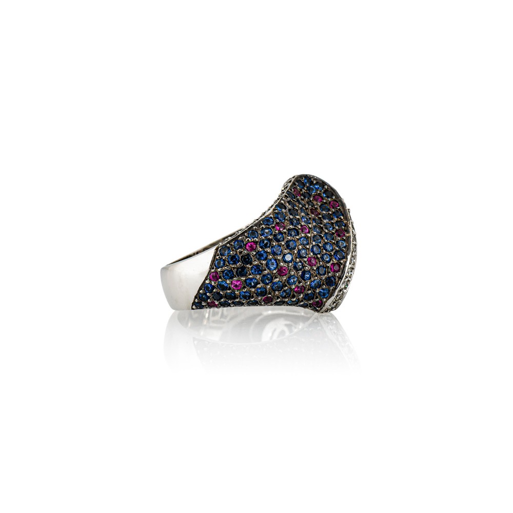 AEGEAN WAVE - BRILLIANT CUT DIAMONDS, BLUE SAPPHIRES AND RUBIES RING
